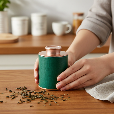 boite à thé en métal verte pour organiser votre cuisine avec style