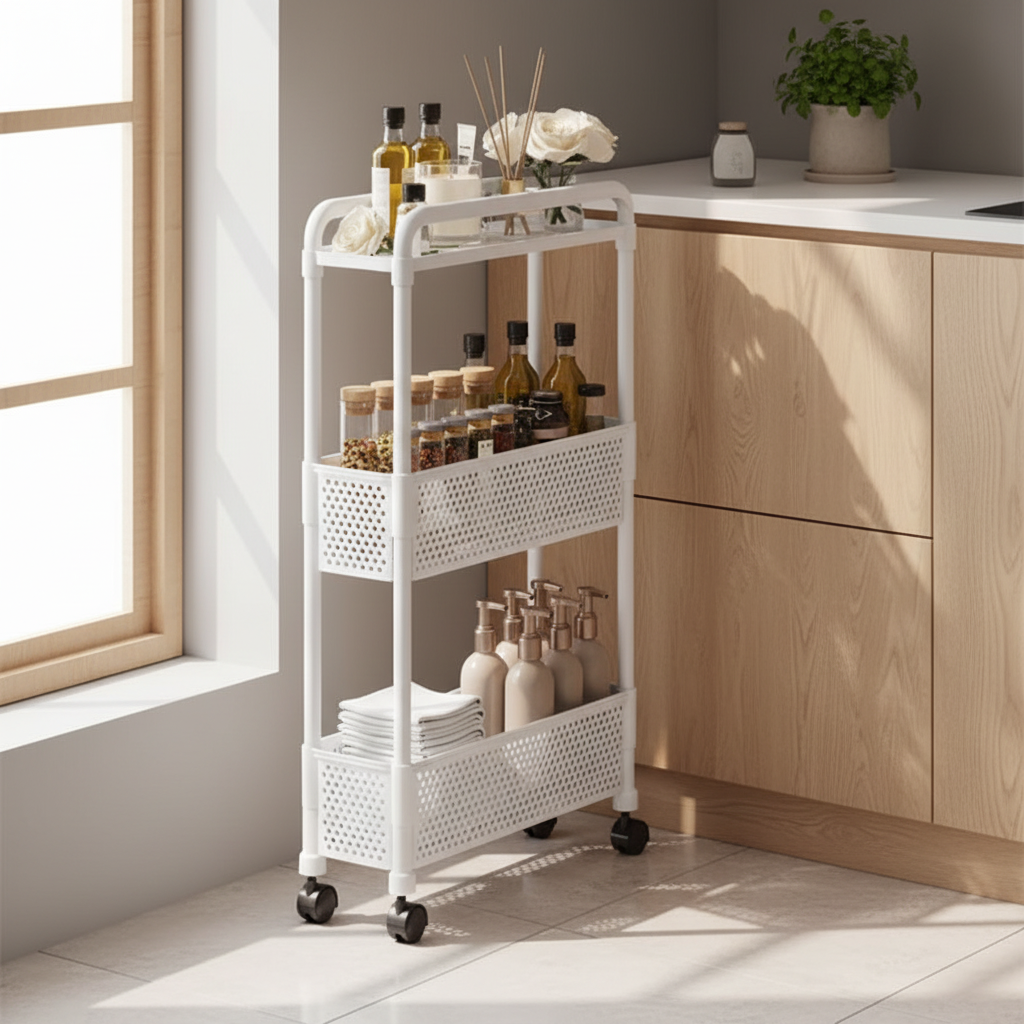 desserte à roulettes cuisine blanche avec paniers ventilés pour garder vos produits aérés