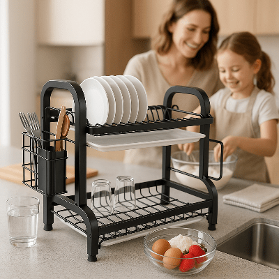 moment de partage en cuisine entre mère et enfant avec egouttoir vaisselle amovible