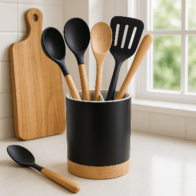 pot à ustensiles cuisine plastique noir à design minimaliste