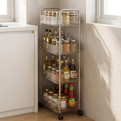 Desserte cuisine étroite glissée entre réfrigérateur et comptoir avec 4 niveaux de rangement maximise l'espace perdu dans les petites cuisines