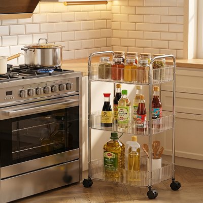 Desserte cuisine mobile 4 niveaux près de la cuisinière avec poignées ergonomiques garde huiles et sauces à portée de main 