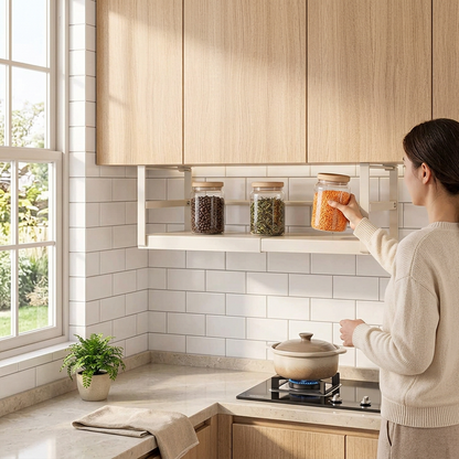 Femme saisissant le bocal de lentilles, avec une fenêtre et une marmite sur la cuisinière