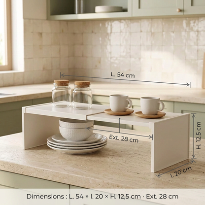 Étagère blanche avec dimensions : L. 54 × l. 20 × H. 12,5 cm · Ext. 28 cm