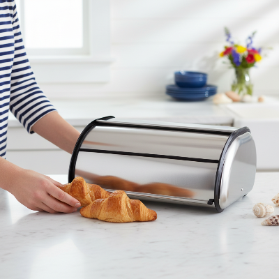 boite a pain design en inox garde fraîcheur croissants accès facile