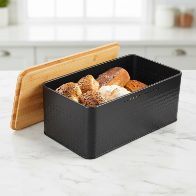 boite a pain en acier au carbone avec couvercle en bambou naturel et élégant