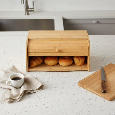 boite a pain en bambou avec muffins sur comptoir bêton vue aérienne