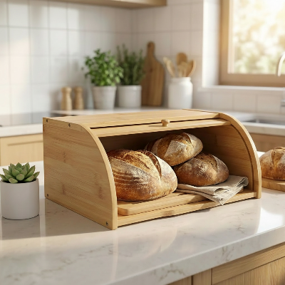 boite a pain en bambou avec viennoiseries sur marbre blanc cuisine scandinave