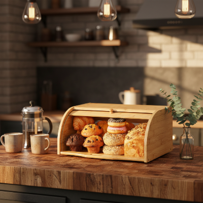 boite a pain en bambou avec viennoiseries sur comptoir bois style café