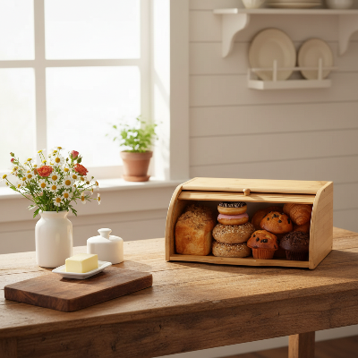 boite a pain en bambou avec muffins sur table bois rustique campagnarde