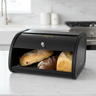 boite a pain noir en métal avec couvercle roulant silencieux