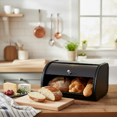 boite a pain noir en métal design moderne pour pain tendre au quotidien