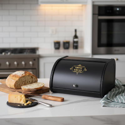 boite a pain noir en métal robuste pour éviter le pain rassis sur le comptoir