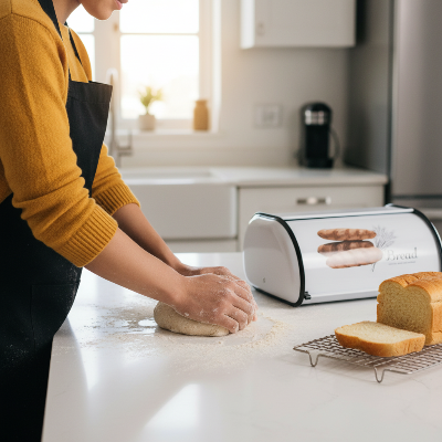 boite a pain vintage blanche avec personne pétrissant pâte cuisine