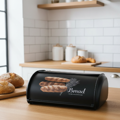 boite a pain vintage noire couvercle roulant plan travail bois