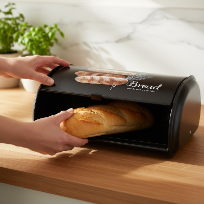 boite a pain vintage noire ouverture couvercle rangement baguette fraîche