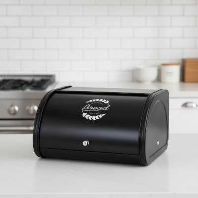 boite a pains en fer galvanisé noire finition brillante comptoir blanc