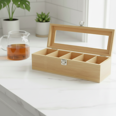 boite a the bambou couvercle vitré quatre compartiments rangement élégantcoupé