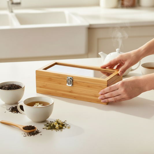 boite a the bambou tenue à deux mains cuisine lumineuse qualité artisanale