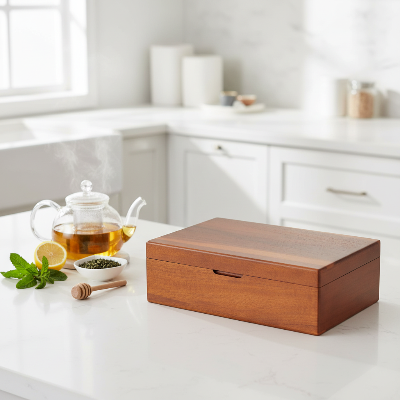 boite a the bois fermée au design épuré pour un comptoir soigné