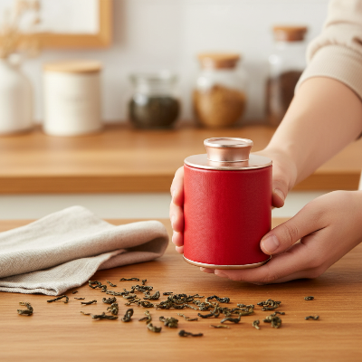 boite à thé en métal rouge compacte idéale pour ranger vos thés favoris