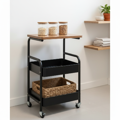  desserte a roulette 30 cm noire plateau bois bocaux rangement élégant