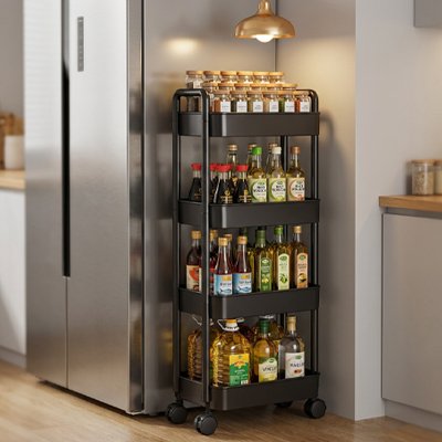 desserte a roulette noire 4 étages avec porte-verres - bar à alcools mobile pour cuisine moderne