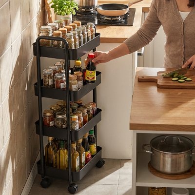 desserte a roulette noire 4 étages - organisation épices huiles et condiments cuisine pratique