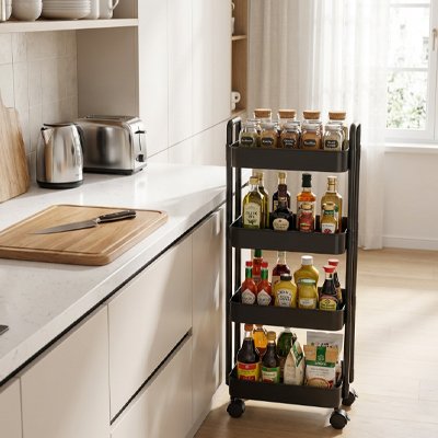desserte a roulette noire slim 4 étages - rangement épices et condiments gain de place cuisine