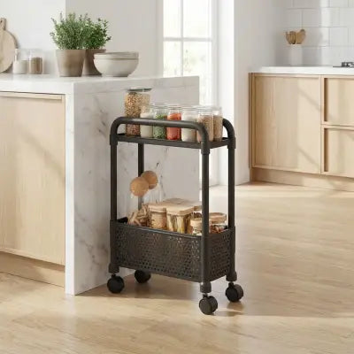Desserte à roulettes cuisine compacte 2 niveaux idéale pour optimiser rangement dans petite cuisine