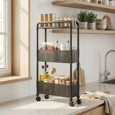 Desserte à roulettes cuisine noire 3 étages pour ranger épices et ustensiles dans espace réduit