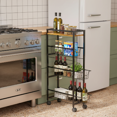 desserte conception coulissante quatre niveaux cuisinière frigo huiles sauces accessible