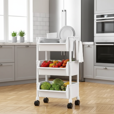 desserte cuisine blanche 3 étages sur roulettes avec assiettes et légumes pour déplacer facilement votre rangement où vous en avez besoin