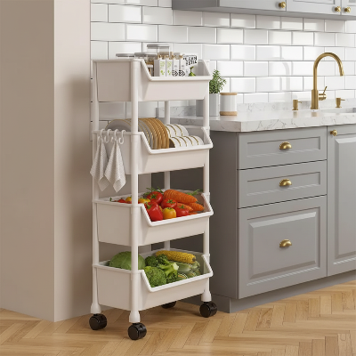 desserte cuisine blanche 4 étages avec étagère vaisselle et bacs légumes pour maximiser lespace et organiser cuisine au même endroit