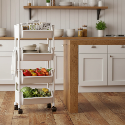 desserte cuisine blanche 4 niveaux avec étagère supérieure et bacs légumes pour tout ranger verticalement et libérer le plan de travail