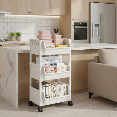  desserte cuisine blanche étroite 3 compartiments pour ranger courses et provisions dans les petits espaces sans encombrer