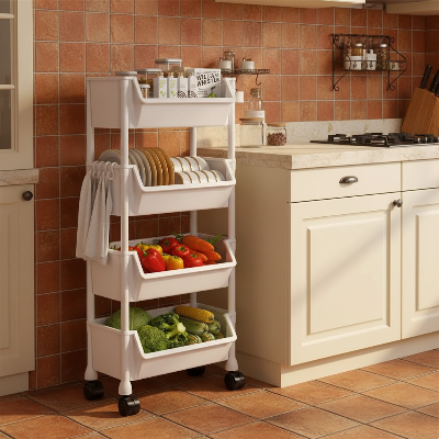 desserte cuisine blanche sur roulettes avec égouttoir vaisselle et bacs légumes pour sécher la vaisselle et garder les aliments frais à portée