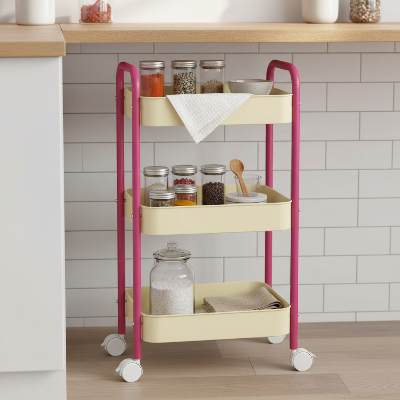 desserte cuisine chariot 3 niveaux crème fuchsia bocaux épices rangement élégant