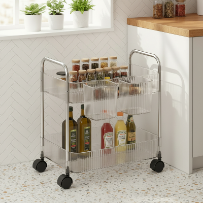 desserte de cuisine modulable avec paniers transparents et bouteilles rangées