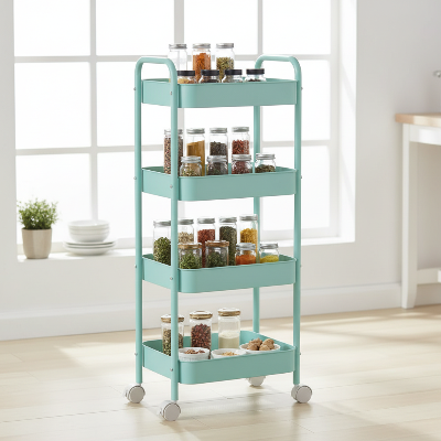 desserte de cuisine 4 étages compacte bleue épices et bocaux toujours à portée de main