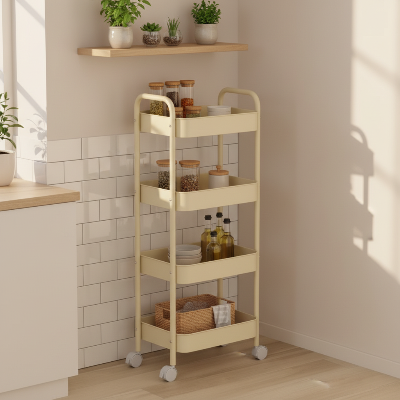 desserte de cuisine 4 étages compacte jaune dans un coin lumineux gain de place immédiat