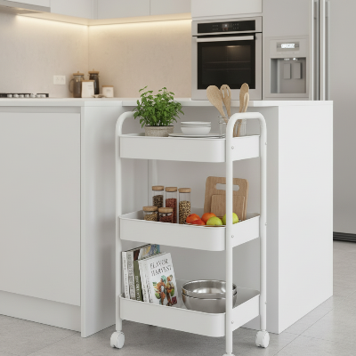 desserte de cuisine mobile 3 étages blanche polyvalente fruits bocaux et ustensiles organisés