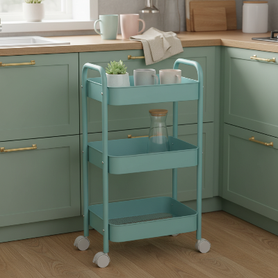  desserte de cuisine mobile 3 étages bleue intuitive tasses et plante à portée de main
