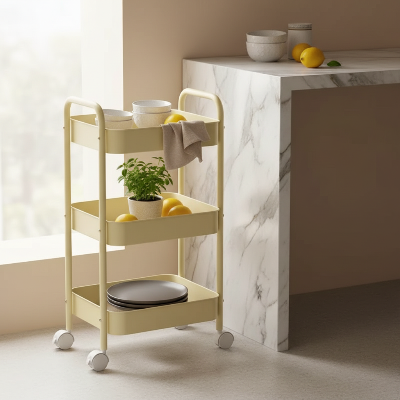 desserte de cuisine mobile 3 étages jaune compacte gain de place près du plan de travail