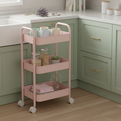 desserte de cuisine mobile 3 étages rose pratique épices bocaux et linge bien rangés