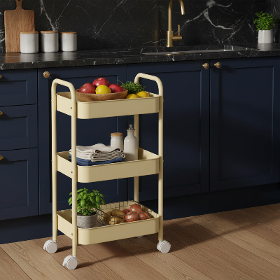 desserte de cuisine mobile 3 étages jaune solide fruits légumes et torchons bien organisés