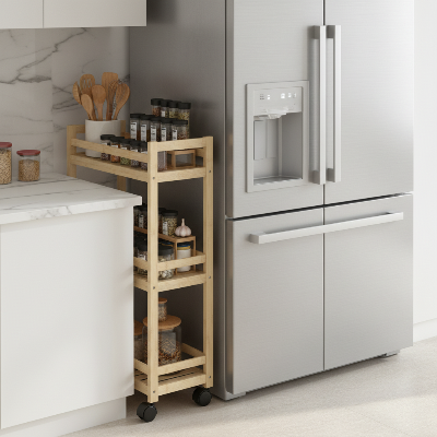 desserte en bois cuisine étroite glissée entre frigo et mur pour maximiser rangement épices