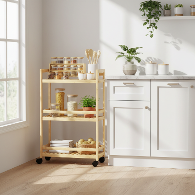 desserte en bois cuisine scandinave avec herbes et bocaux pour ambiance naturelle et organisée