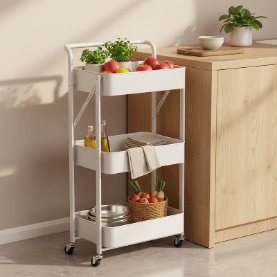 Desserte pliante à roulettes blanche  poignée ergonomique pour un accès rapide aux ingrédients