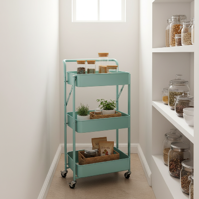 Desserte pliante à roulettes dans un garde-manger étroit maximisant le stockage des provisionsseul côté